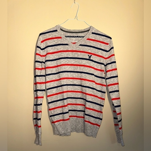 American Eagle Cotton V-Neck Sweater - Grey with Red & Blue Stripes - Size M - Picture 3 of 12